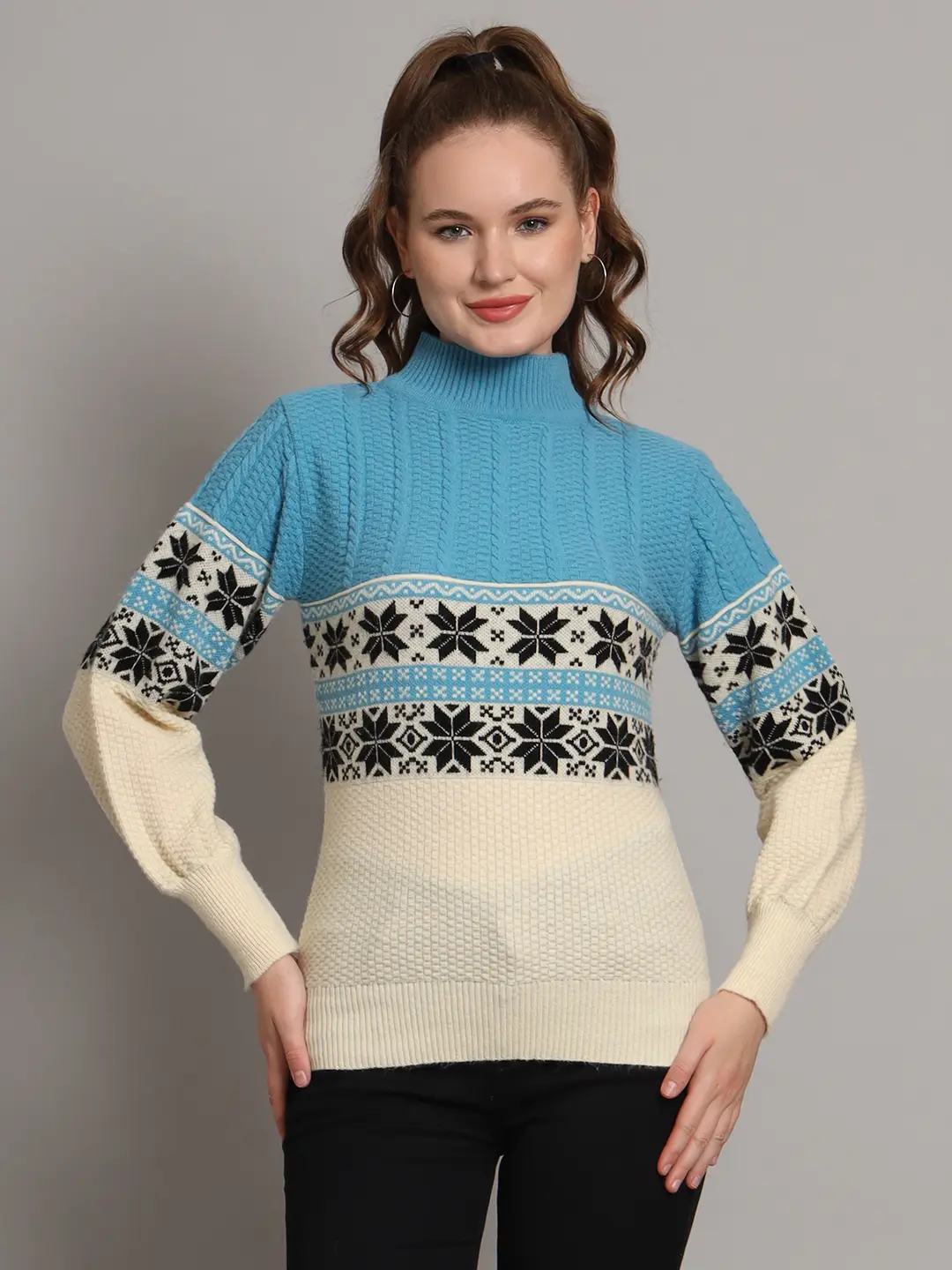 Women's Sky Blue & Ivory Fair Isle Knit Mid-Length Winter Sweater