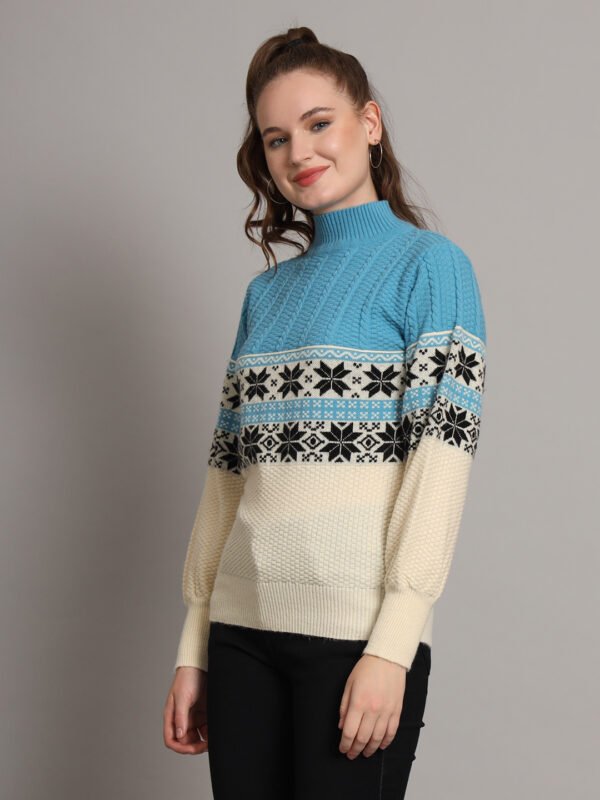 Women’s Sky Blue & Ivory Fair Isle Knit Mid-Length Winter Sweater Top