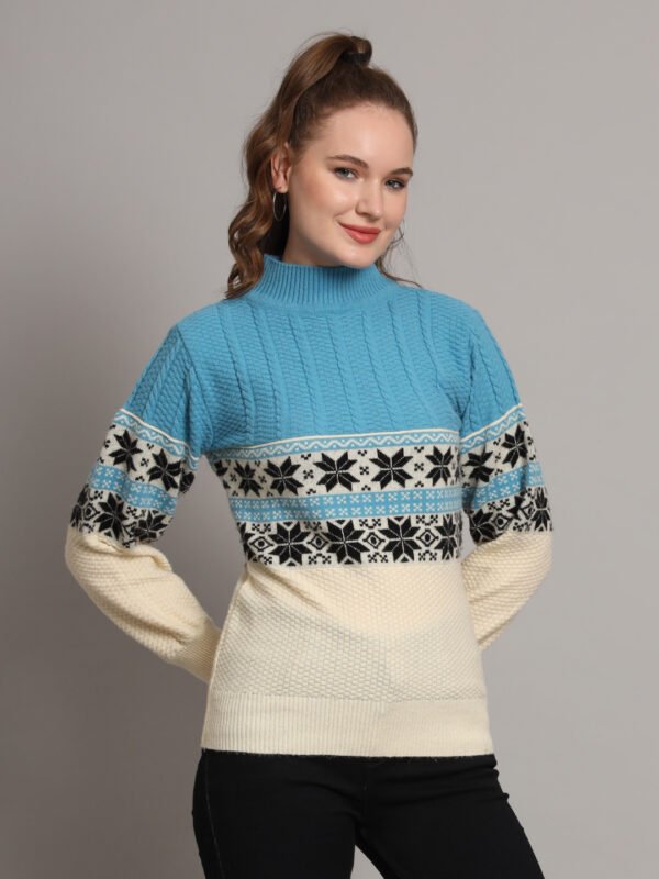 Women’s Sky Blue & Ivory Fair Isle Knit Mid-Length Winter Sweater Top