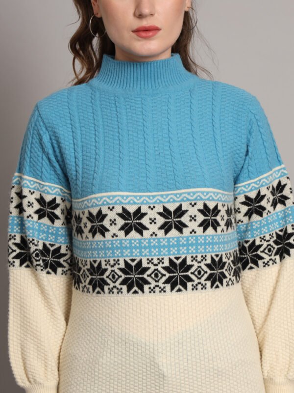 Women’s Sky Blue & Ivory Fair Isle Knit Mid-Length Winter Sweater Top