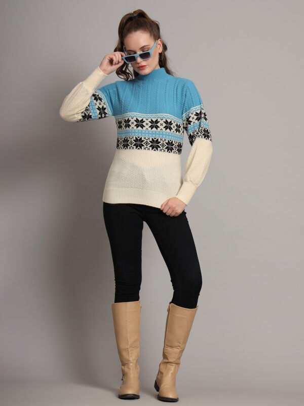 Women's Sky Blue & Ivory Fair Isle Knit Mid-Length Winter Sweater
