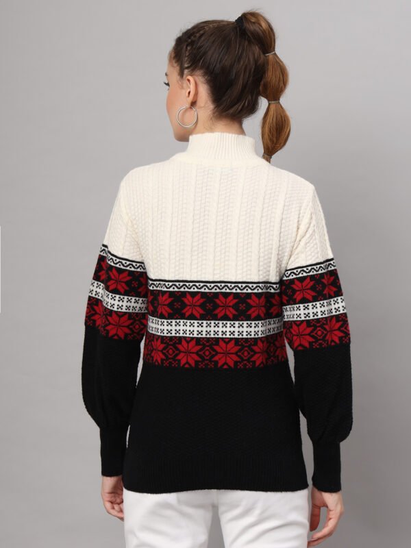 Women’s White & Black Nordic Knit Mid-Length Winter Sweater Top