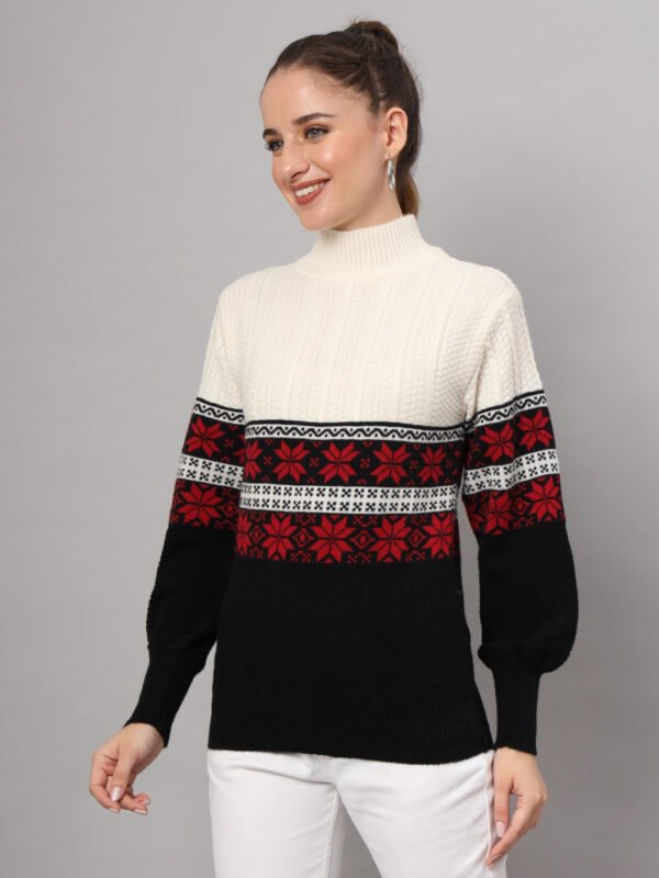 Women’s White & Black Nordic Knit Mid-Length Winter Sweater Top