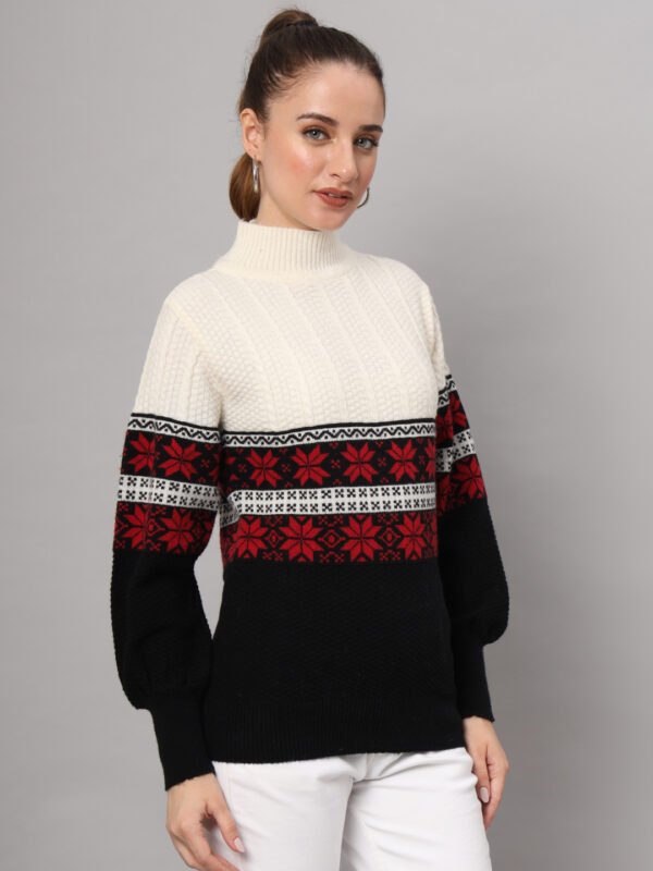 Women’s White & Black Nordic Knit Mid-Length Winter Sweater Top
