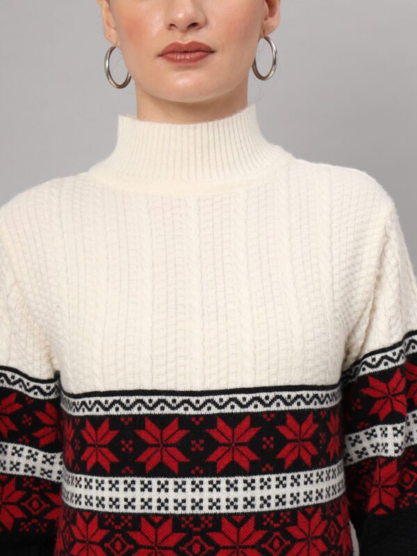 Women’s White & Black Nordic Knit Mid-Length Winter Sweater Top