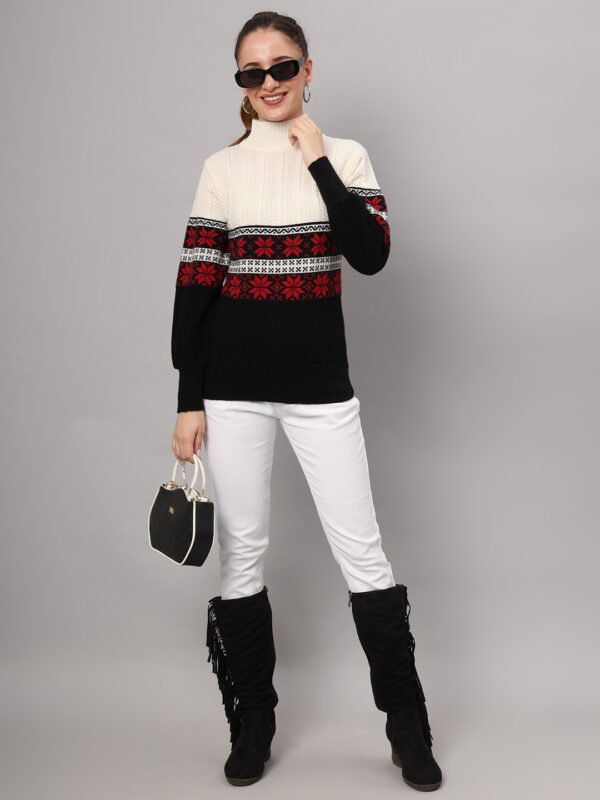 Women’s White & Black Nordic Knit Mid-Length Winter Sweater Top