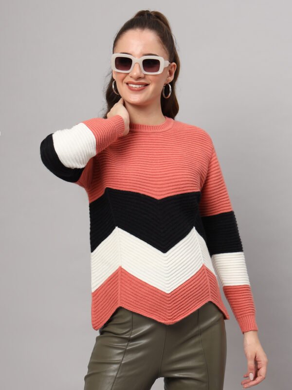 Women’s Dark Peach Chevron Knit Short-Length Winter Sweater Top
