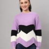 Women’s Lilac Black White Chevron Ribbed Knit Short-Length Winter Sweater Top