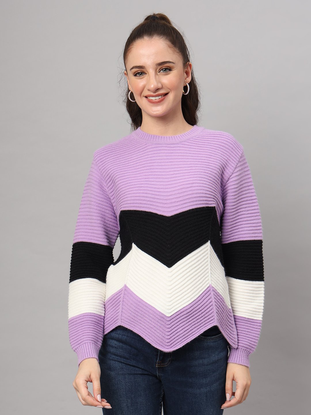 Women’s Lilac Black White Chevron Ribbed Knit Short-Length Winter Sweater Top