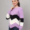 Women's Lilac, Black & White Chevron Ribbed Knit Short-Length Winter Sweater Top
