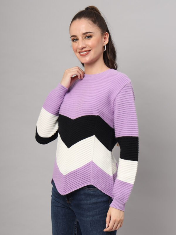 Women's Lilac, Black & White Chevron Ribbed Knit Short-Length Winter Sweater Top
