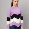 Women's Lilac, Black & White Chevron Ribbed Knit Short-Length Winter Sweater Top