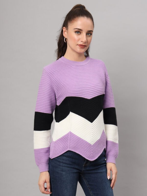 Women's Lilac, Black & White Chevron Ribbed Knit Short-Length Winter Sweater Top