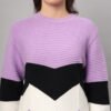 Women's Lilac, Black & White Chevron Ribbed Knit Short-Length Winter Sweater Top