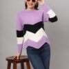 Women's Lilac, Black & White Chevron Ribbed Knit Short-Length Winter Sweater Top