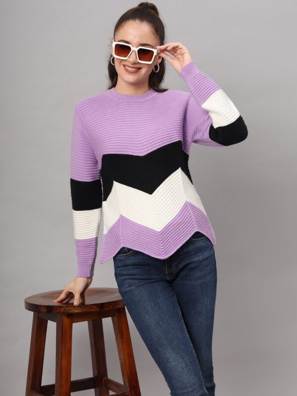 Women's Lilac, Black & White Chevron Ribbed Knit Short-Length Winter Sweater Top