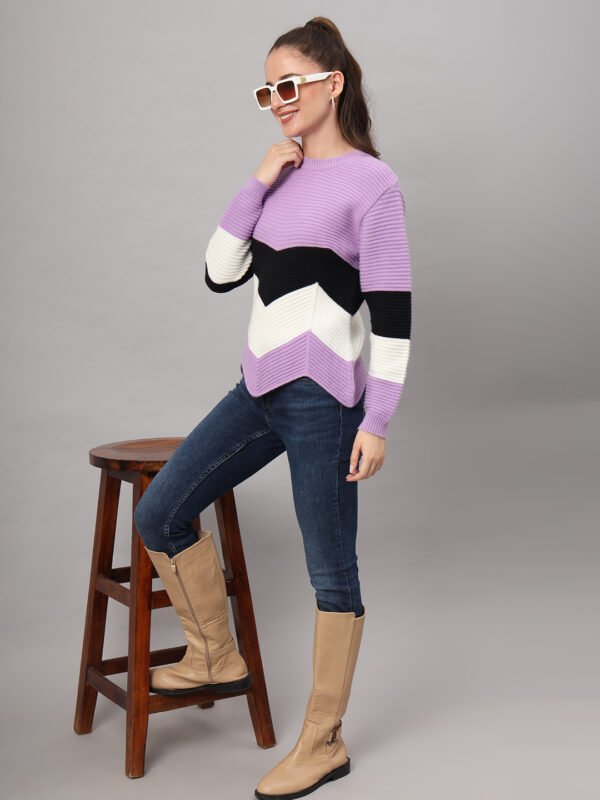 Women’s Lilac Black White Chevron Ribbed Knit Short-Length Winter Sweater Top