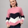Women’s Pink Navy White Chevron Knit Short-Length Winter Sweater Top