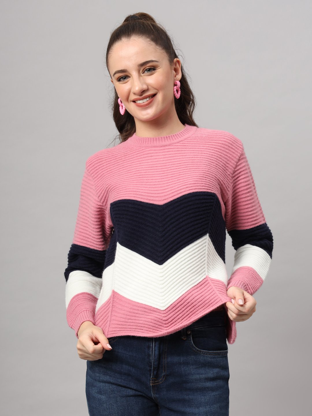 Women’s Pink Navy White Chevron Knit Short-Length Winter Sweater Top