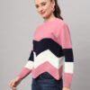 Women's Pink, Navy & White Chevron Knit Short-Length Winter Sweater Top