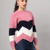 Women's Pink, Navy & White Chevron Knit Short-Length Winter Sweater Top
