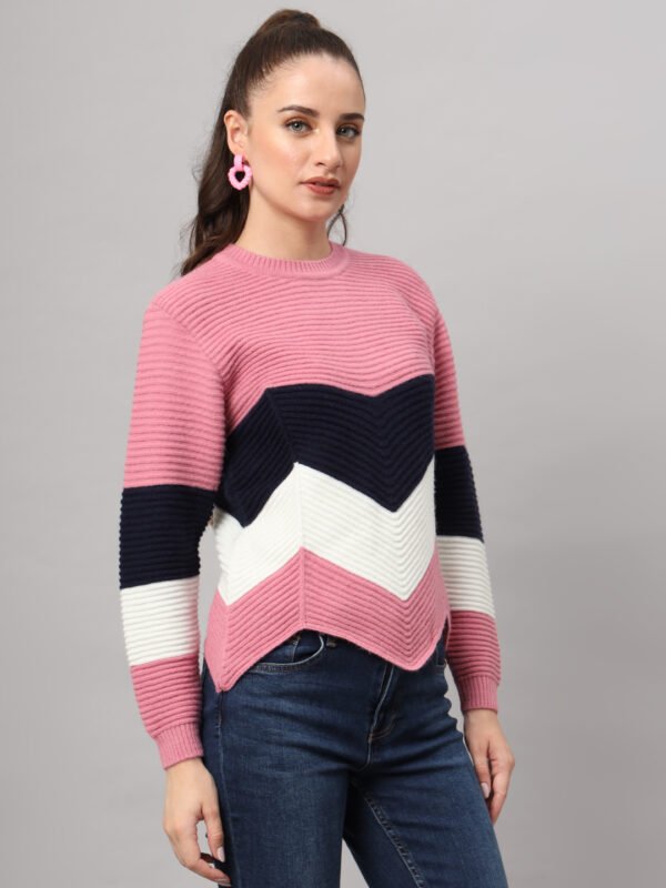 Women's Pink, Navy & White Chevron Knit Short-Length Winter Sweater Top