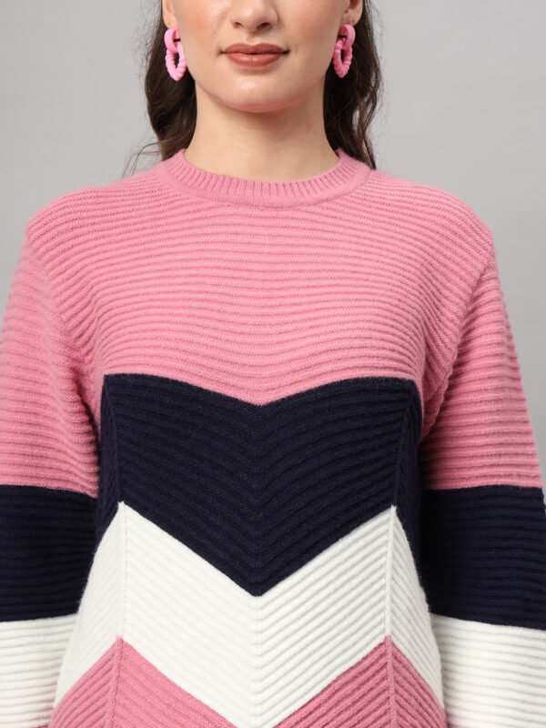 Women's Pink, Navy & White Chevron Knit Short-Length Winter Sweater Top