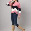 Women’s Pink Navy White Chevron Knit Short-Length Winter Sweater Top