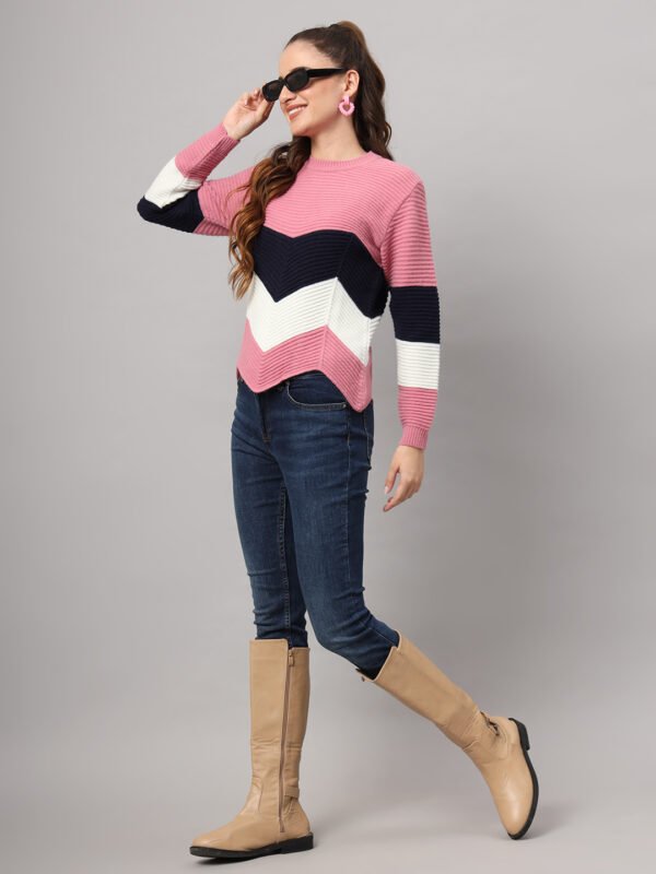Women’s Pink Navy White Chevron Knit Short-Length Winter Sweater Top