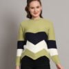 Women’s Pistachio Navy White Chevron Ribbed Knit Short-Length Winter Sweater Top