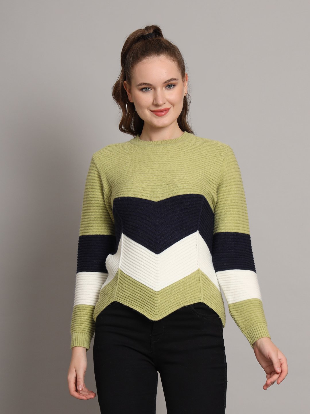 Women’s Pistachio Navy White Chevron Ribbed Knit Short-Length Winter Sweater Top