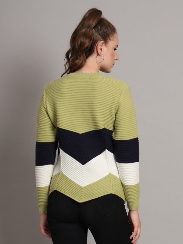 Women's Pistachio, Navy & White Chevron Ribbed Knit Short-Length Winter Sweater Top
