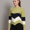 Women's Pistachio, Navy & White Chevron Ribbed Knit Short-Length Winter Sweater Top