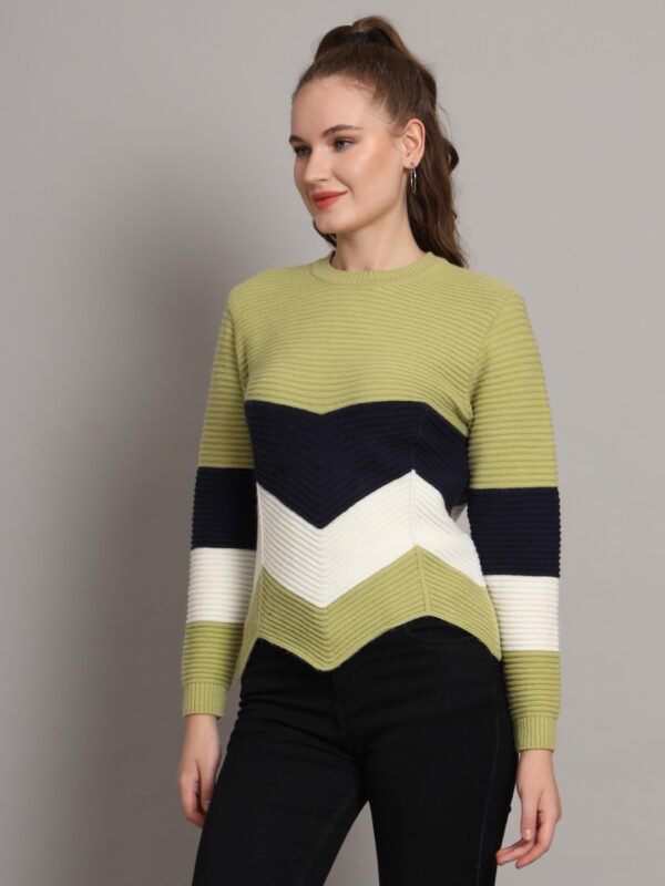 Women's Pistachio, Navy & White Chevron Ribbed Knit Short-Length Winter Sweater Top