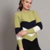 Women's Pistachio, Navy & White Chevron Ribbed Knit Short-Length Winter Sweater Top