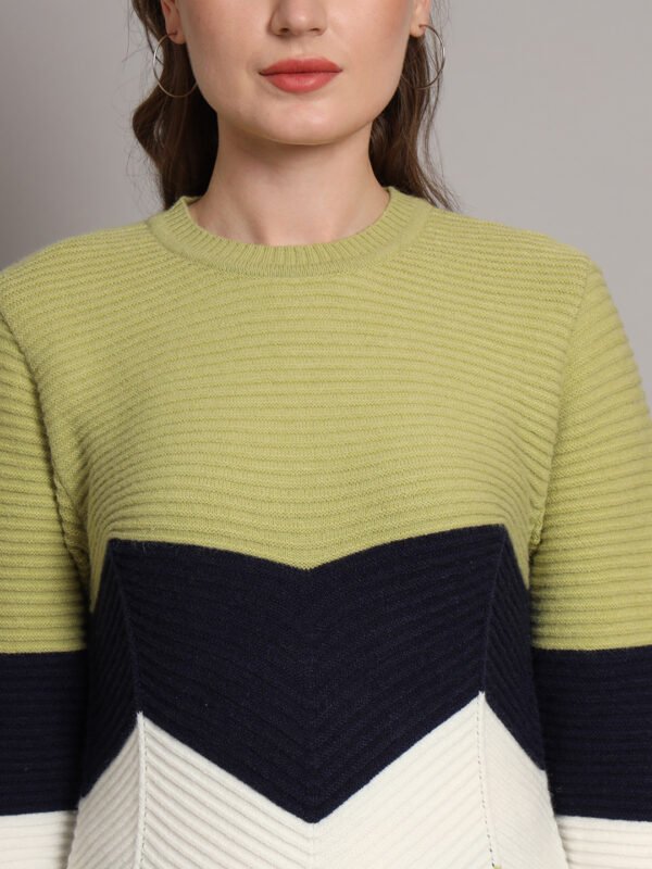 Women's Pistachio, Navy & White Chevron Ribbed Knit Short-Length Winter Sweater Top