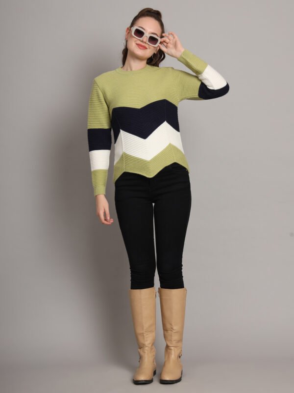 Women’s Pistachio Navy White Chevron Ribbed Knit Short-Length Winter Sweater Top