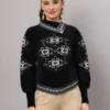 Black and white geometric pattern women’s short-length winter sweater top with asymmetric neckline and full sleeves