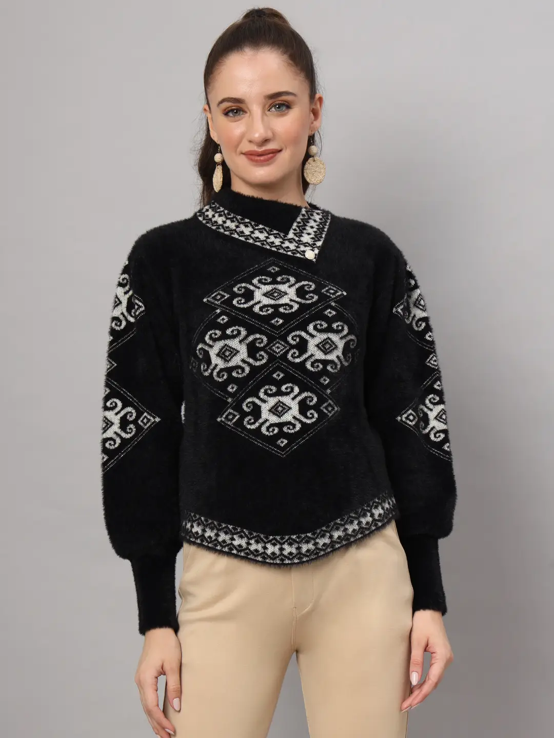 Black and white geometric pattern women’s short-length winter sweater top with asymmetric neckline and full sleeves