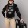 Black and white geometric pattern women’s short-length winter sweater top with asymmetric neckline and full sleeves