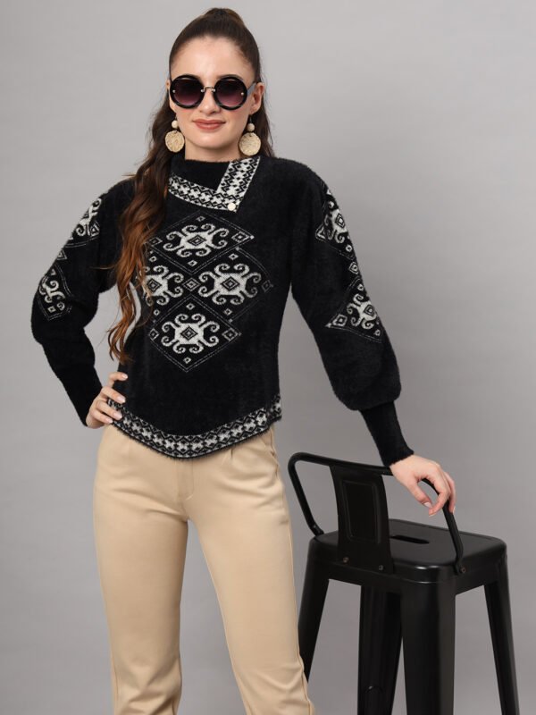 Black and white geometric pattern women’s short-length winter sweater top with asymmetric neckline and full sleeves