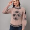 Dusty pink women’s short-length winter sweater top with black ethnic pattern, asymmetric buttoned neckline, and full sleeves