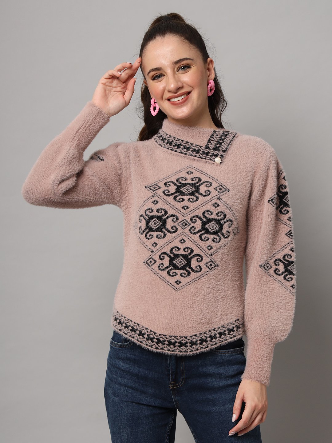 Dusty pink women’s short-length winter sweater top with black ethnic pattern, asymmetric buttoned neckline, and full sleeves