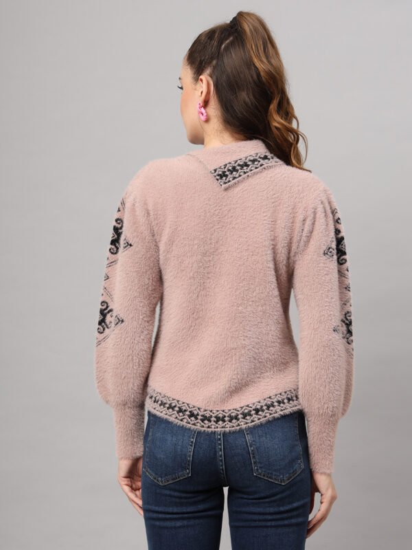 Women's Dusty Pink & Black Ethnic Pattern Short-Length Winter Sweater Top