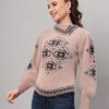 Women's Dusty Pink & Black Ethnic Pattern Short-Length Winter Sweater Top