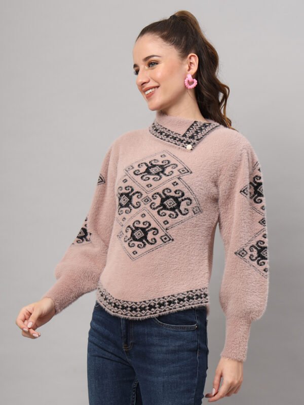 Women's Dusty Pink & Black Ethnic Pattern Short-Length Winter Sweater Top