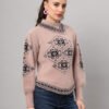 Women's Dusty Pink & Black Ethnic Pattern Short-Length Winter Sweater Top