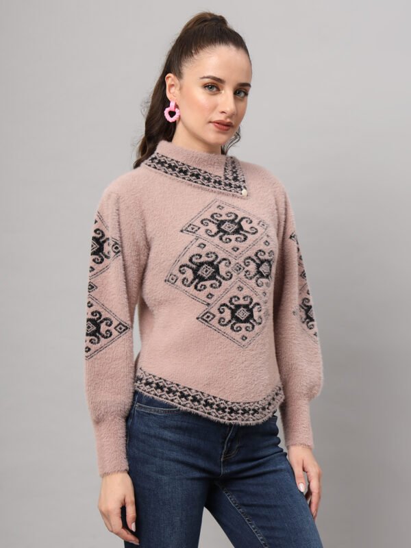 Women's Dusty Pink & Black Ethnic Pattern Short-Length Winter Sweater Top