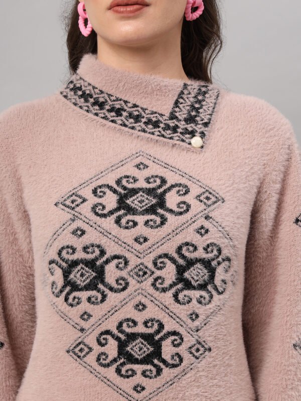 Women's Dusty Pink & Black Ethnic Pattern Short-Length Winter Sweater Top