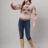 Dusty pink women’s short-length winter sweater top with black ethnic pattern, asymmetric buttoned neckline, and full sleeves